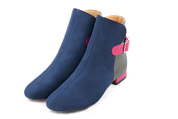 Prussian blue, dove grey and fuschia pink women's ankle boots with buckles at the back. Round toe. Flat block heels. Front view - Florence KOOIJMAN